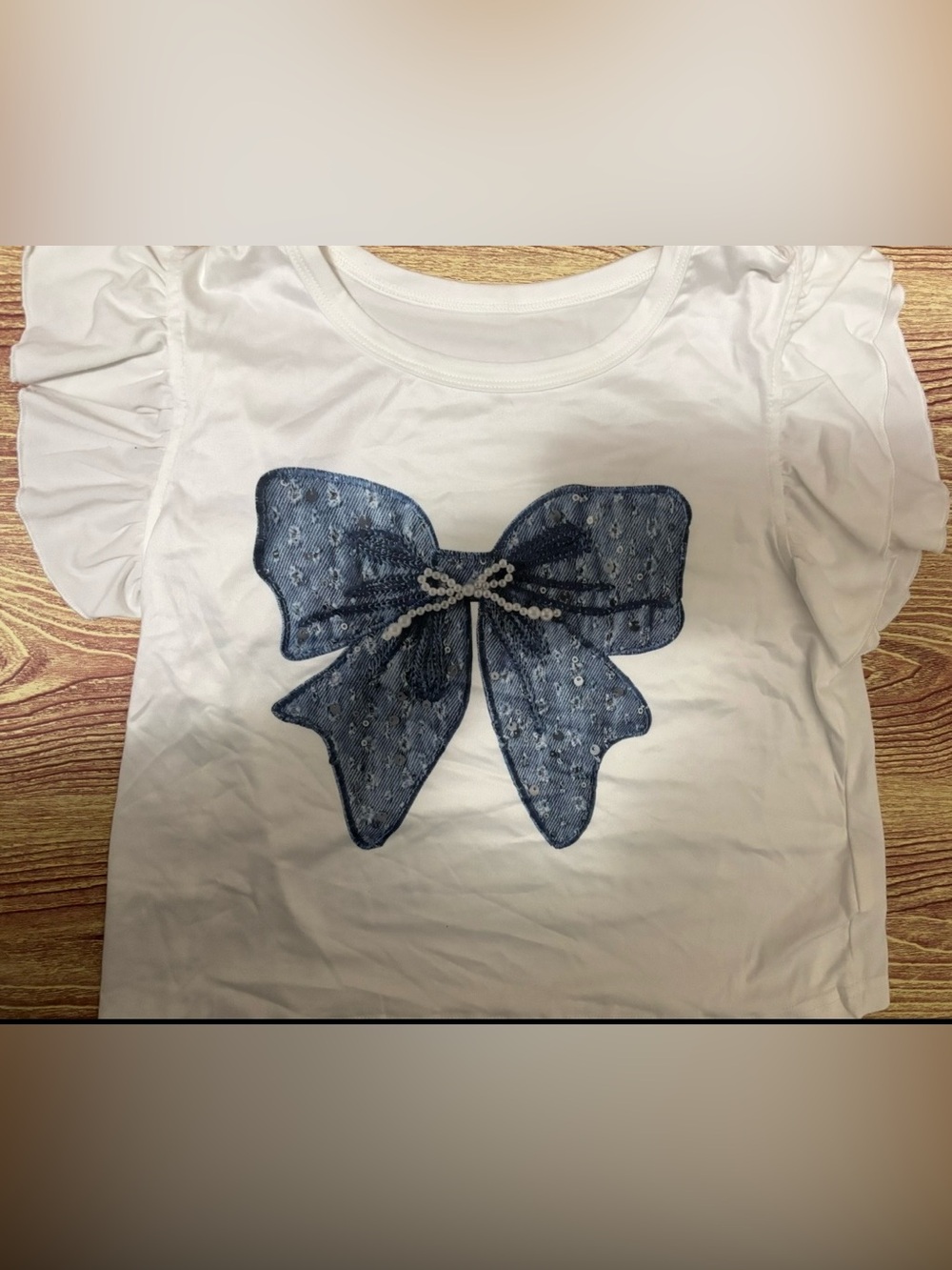 SHEIN White Tee with Navy Sequin Bow